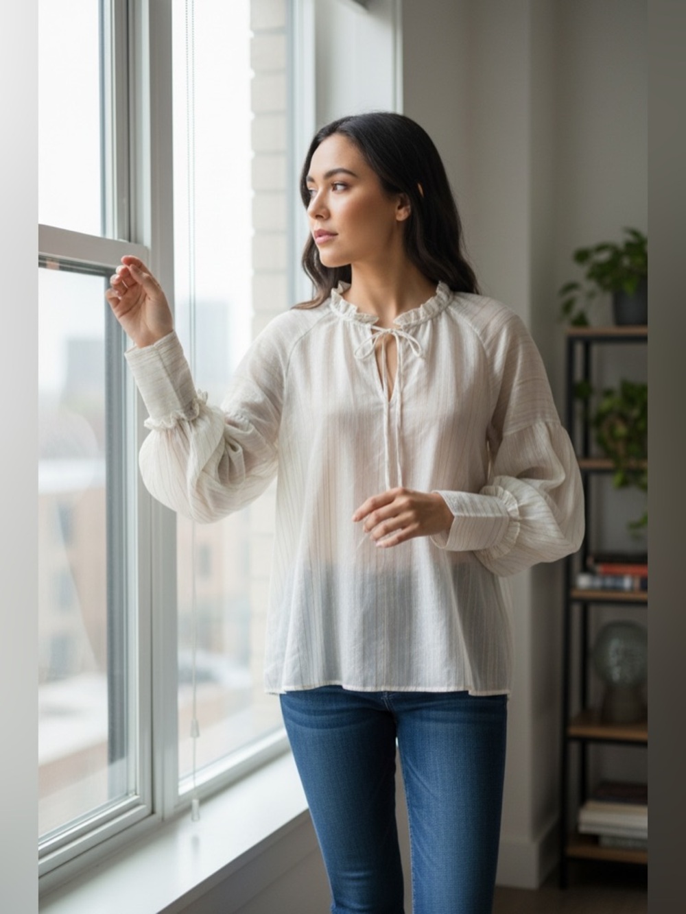 BCBGMaxAzria Ivory Pintuck Tie-Neck Peasant Blouse